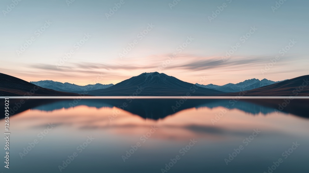 A serene landscape showcasing a mountain reflected in calm water under a soft, pastel sky at dusk. A serene landscape showcasing a mountain reflected in calm water under a soft, pastel sky at dusk.