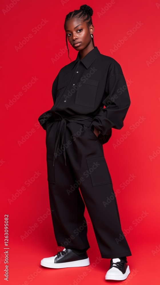 Lean pose in stylish black outfit against a vibrant red backdrop, showcasing contemporary urban fashion and attitude during a studio shoot Lean pose in stylish black outfit against a vibrant red backdrop, showcasing contemporary urban fashion and attitude during a studio shoot