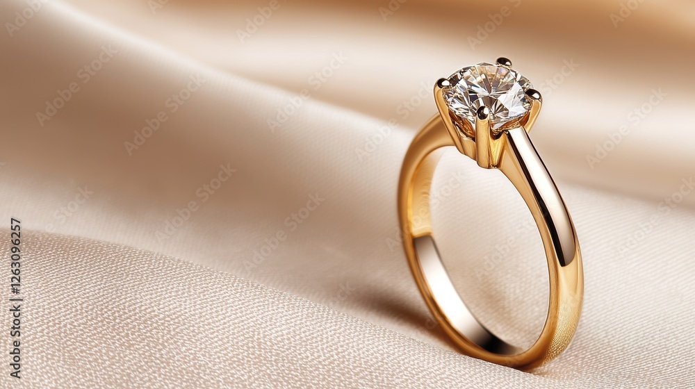 A sparkling gold ring with a prominent diamond, elegantly poised on a soft, luxurious fabric backdrop. A sparkling gold ring with a prominent diamond, elegantly poised on a soft, luxurious fabric backdrop.