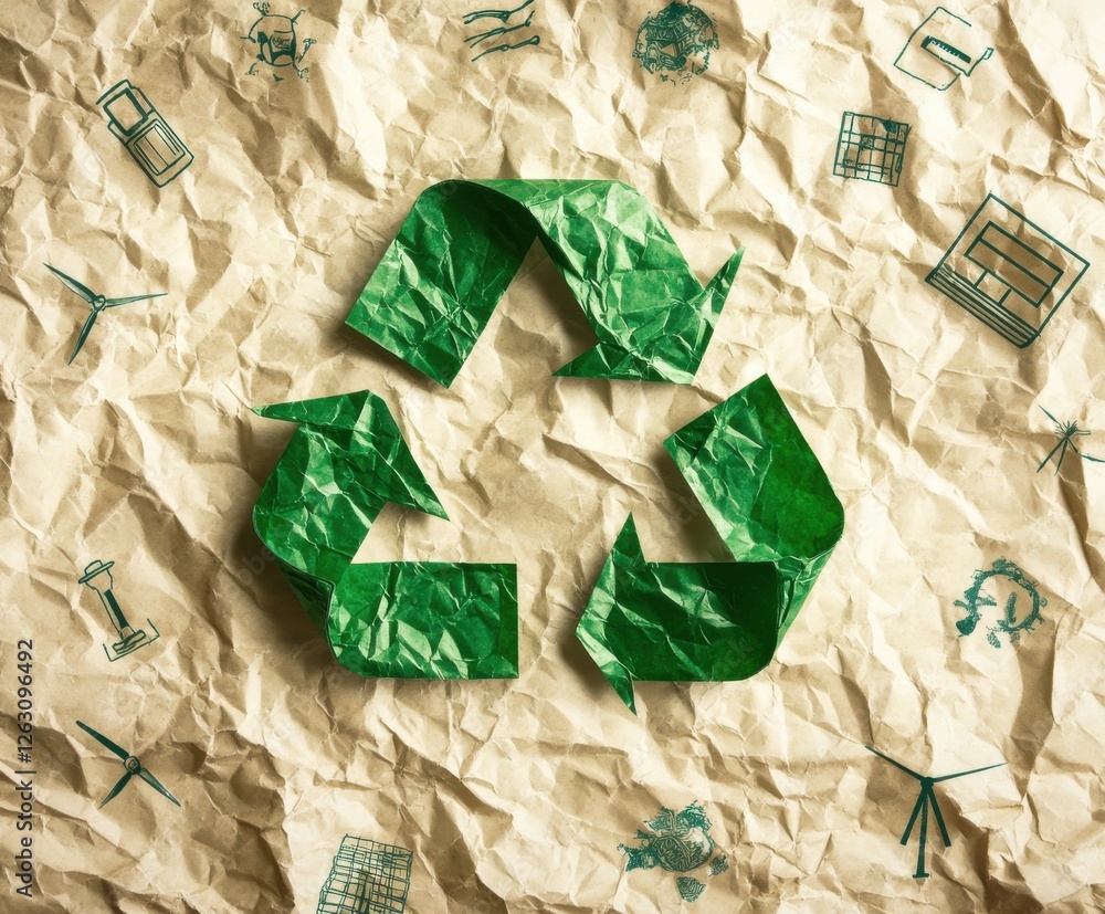 Obraz premium Ecofriendly recycling symbol surrounded by sustainable icons on crumpled paper