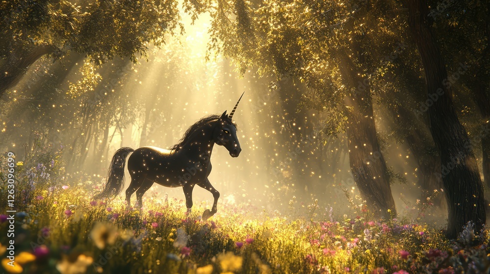 A majestic black unicorn with a long, flowing mane and tail strides gracefully through a sunlit forest A majestic black unicorn with a long, flowing mane and tail strides gracefully through a sunlit forest