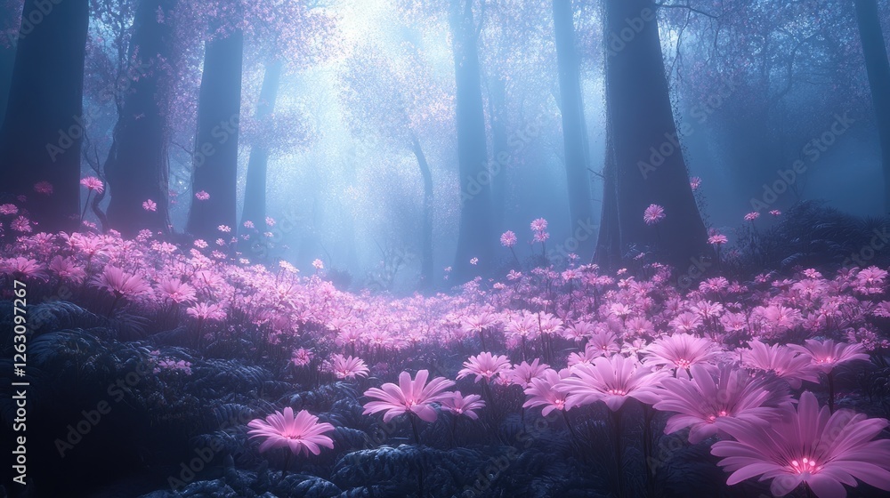 Fototapeta premium Enchanting Pink Flowers Bloom in a Misty Forest