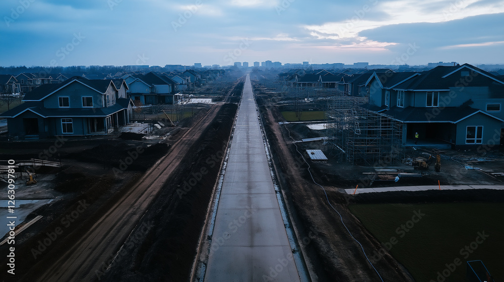 Fototapeta premium A wide-angle aerial image of a vast housing complex, with half-built houses, workers on scaffolding, and roads being paved.