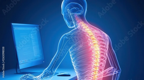 Medical illustration showing spinal strain from hunching over computer, revealing postural stress affecting musculoskeletal wellness and ergonomic challenges