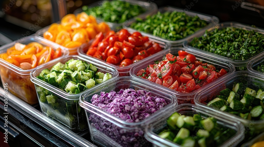 A vibrant display of fresh vegetables in clear containers, showcasing a variety of colors and types, ideal for healthy eating and meal preparation. A vibrant display of fresh vegetables in clear containers, showcasing a variety of colors and types, ideal for healthy eating and meal preparation.