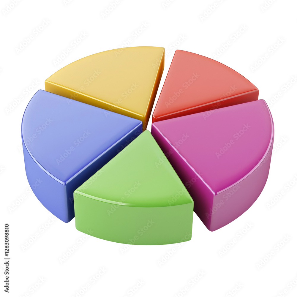 Colorful pie chart segments arranged in circular shape, representing data visualization. segments are in vibrant colors yellow, red, blue, green, and pink, ideal for presentations Colorful pie chart segments arranged in circular shape, representing data visualization. segments are in vibrant colors yellow, red, blue, green, and pink, ideal for presentations