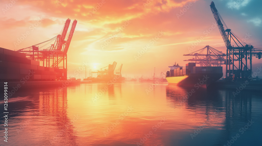 Obraz premium Container truck in ship port for business Logistics and transportation of Container Cargo ship and Cargo plane with working crane bridge in shipyard at sunrise, logistic import export and transport