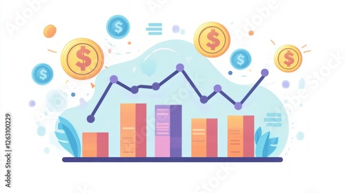 Financial Chart And Coins. Flat Vector Business Graph, Financial Investment, Revenue And Growth Statistics.