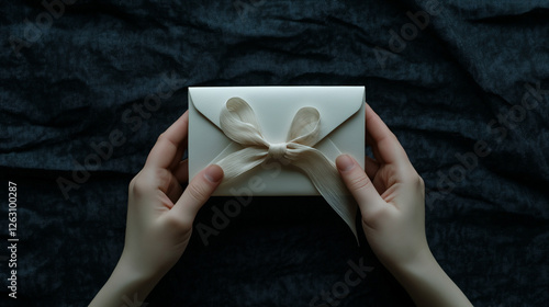 Delicate hands holding a beautifully decorated envelope, adorned with elegant calligraphy and tied with a silk ribbon, symbolizing a heartfelt message.