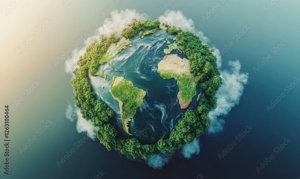 Fototapeta premium Earth globe, lush vegetation, clouds, artistic view, environmental concept, for digital media
