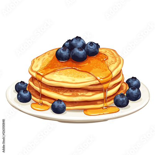 Delicious pancakes with fresh blueberries in a cartoon style. Vector illustration of fresh and fluffy pancakes drizzled with honey and blueberries isolated on a white background. American breakfast