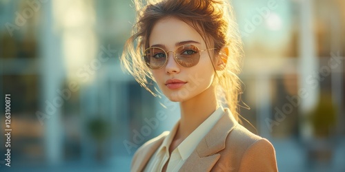 Young woman wearing sunglasses in a stylish outfit against a blurred modern backdrop during golden hour photo