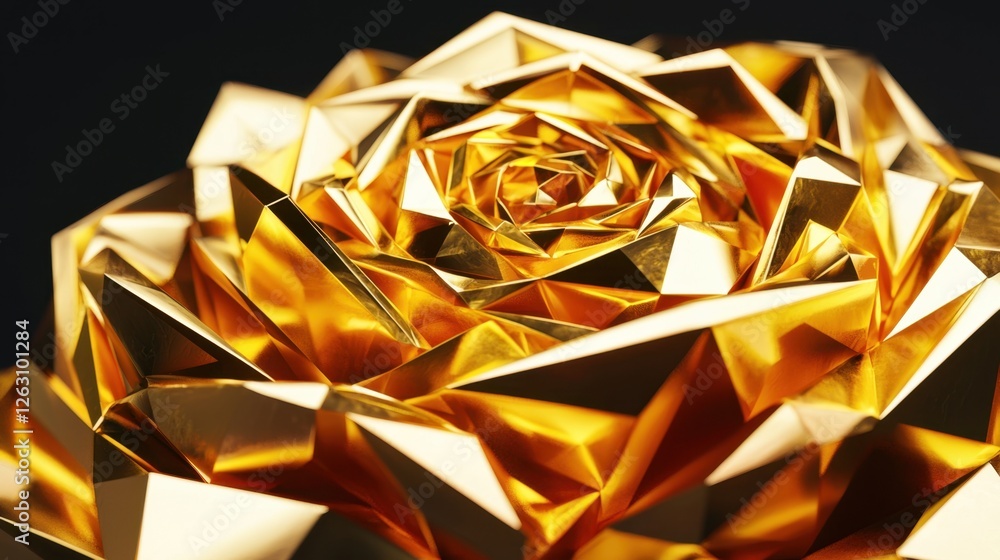 A polygonal low-poly golden rose, sculpted in a crystalline metallic texture. A polygonal low-poly golden rose, sculpted in a crystalline metallic texture.