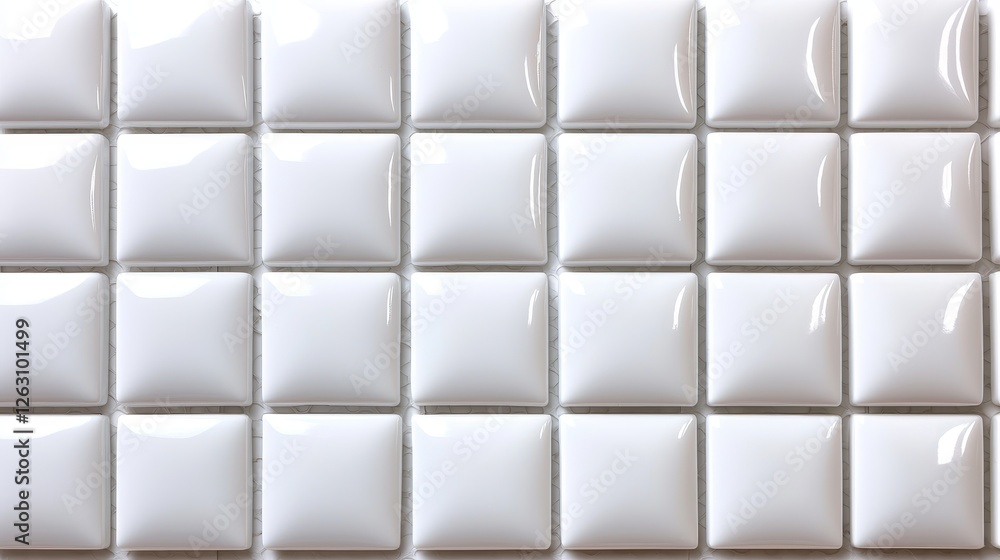 Fototapeta premium A clean, glossy white tile pattern arranged in a grid, showcasing square tiles with a reflective surface.