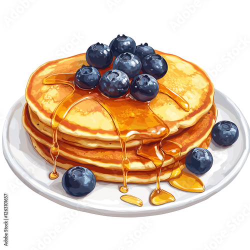 Delicious pancakes with fresh blueberries in a cartoon style. Vector illustration of fresh and fluffy pancakes drizzled with honey and blueberries isolated on a white background. American breakfast