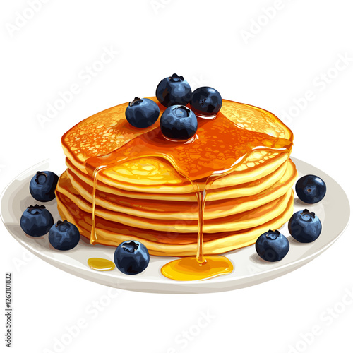 Delicious pancakes with fresh blueberries in a cartoon style. Vector illustration of fresh and fluffy pancakes drizzled with honey and blueberries isolated on a white background. American breakfast