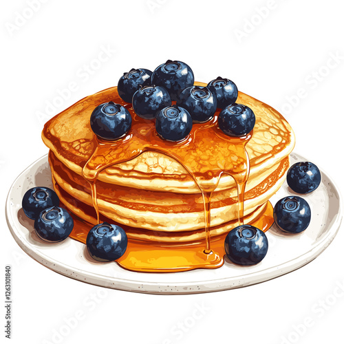 Delicious pancakes with fresh blueberries in a cartoon style. Vector illustration of fresh and fluffy pancakes drizzled with honey and blueberries isolated on a white background. American breakfast