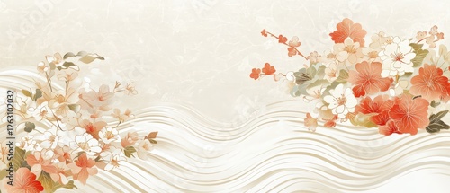 Ornamental floral waves on traditional washi, pastel earth tones, a blend of modern and classic Japanese art