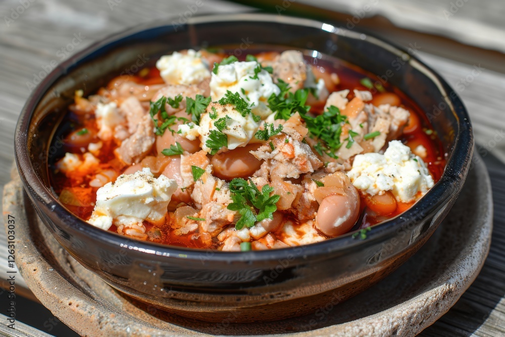 Hearty bowl of stew with beans herbs garnished with cheese Hearty bowl of stew with beans herbs garnished with cheese