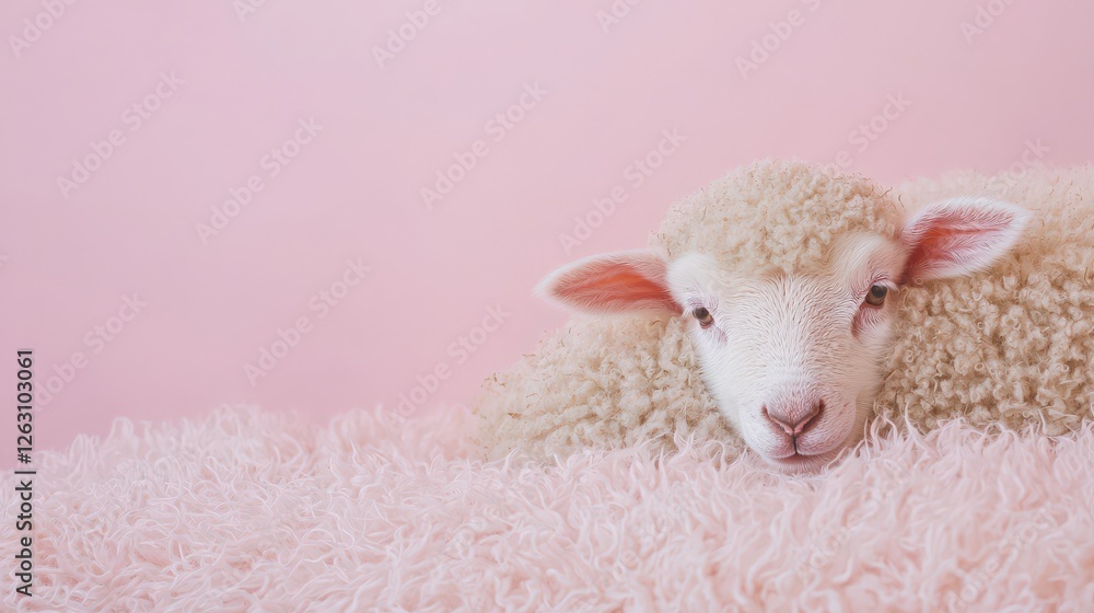 Fototapeta premium Adorable Fluffy Lamb Resting on a Pink Surface
