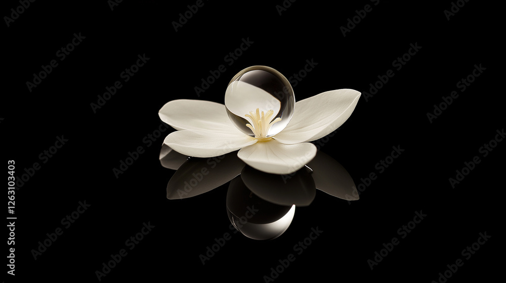 Fototapeta premium A single water droplet resting on a neroli petal, magnifying its delicate structure and reflecting a tiny world within.