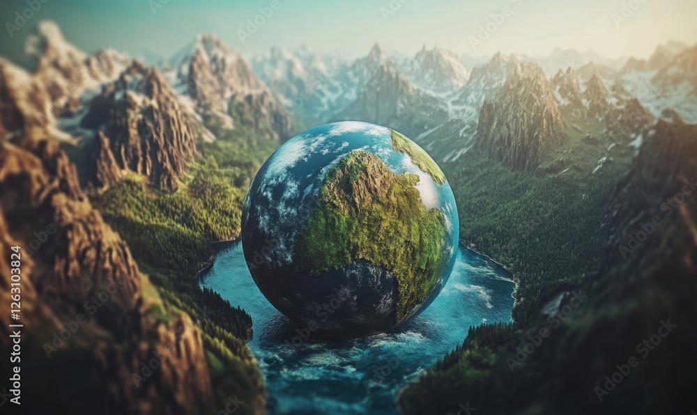 Fototapeta premium Earth in mountain lake; serene, realistic scene; digital art; environmental awareness; education; stock photo