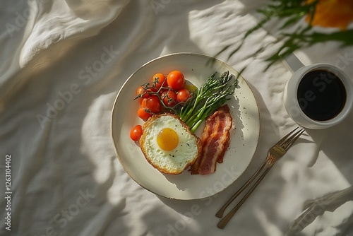 Delicious international breakfasts featuring english breakfast, fried eggs, bacon, sausages, fried tomatoes, beans, toasted bread. Concept showcases appeal of breakfasts worldwide. photo