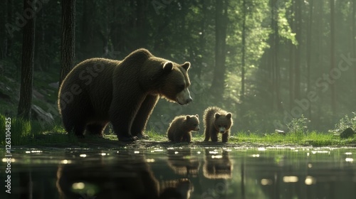 Bear family playing near a calm lake