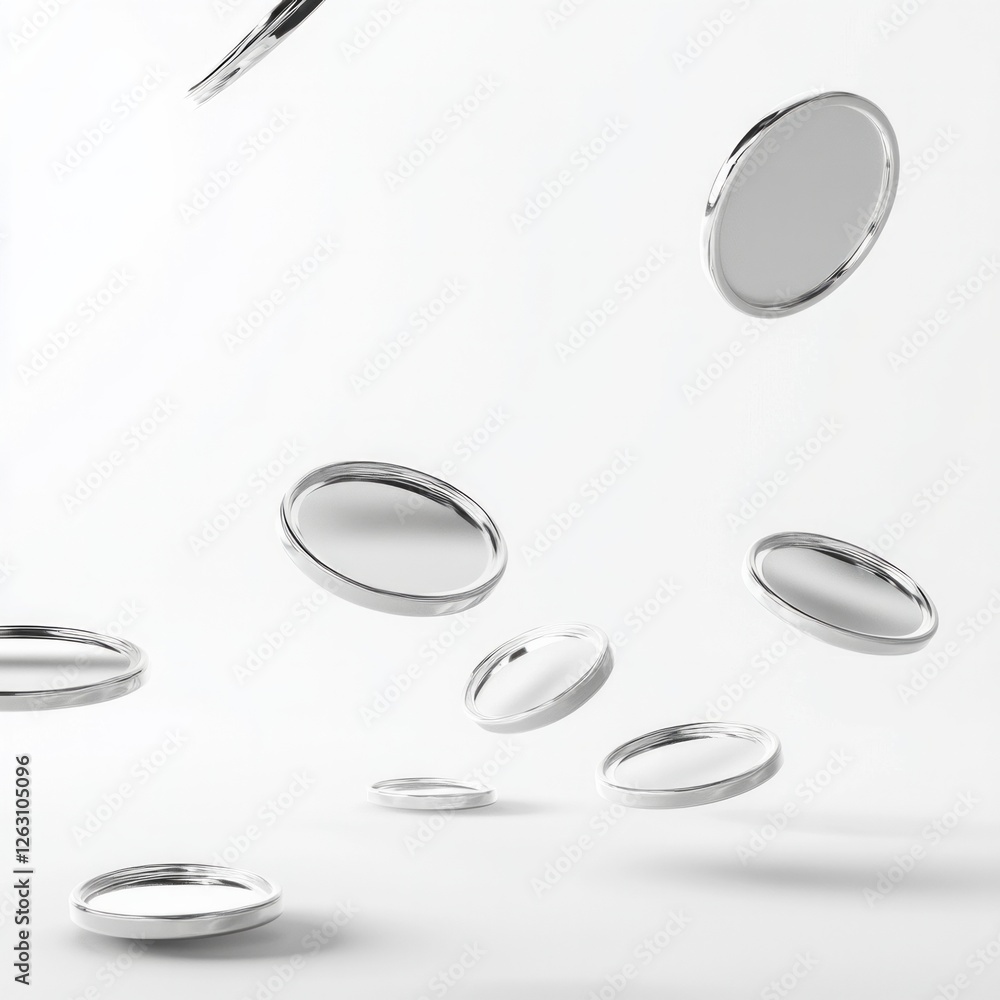 Silver coins in mid-air against a minimalistic white background Silver coins in mid-air against a minimalistic white background