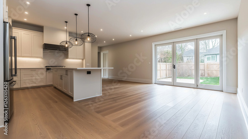 Wallpaper Mural A stylish open-concept kitchen with walls freshly painted in warm beige tones, complemented by natural wooden flooring and modern pendant lights. Torontodigital.ca