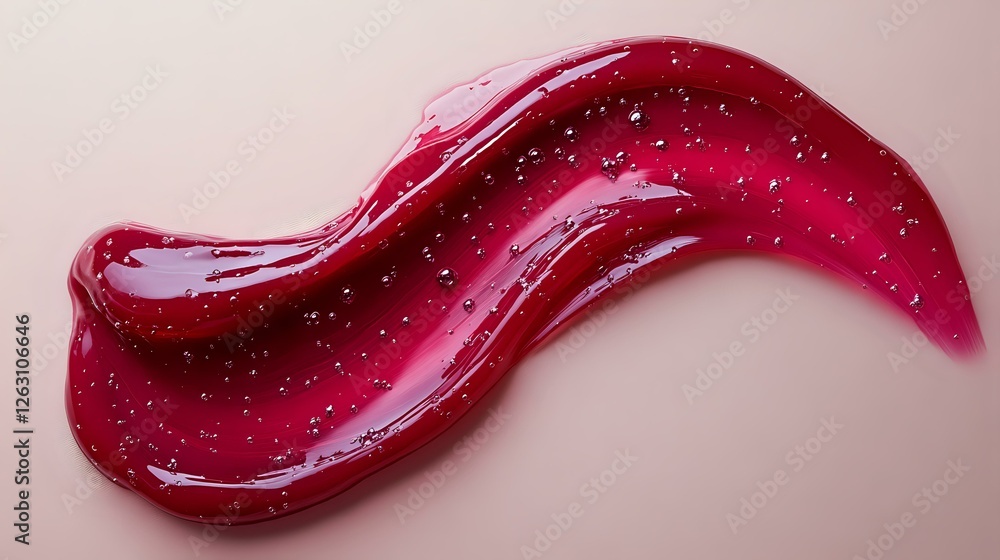 Obraz premium Glossy red cosmetic smear with sparkly glitter particles on pink background, macro shot showing texture and shine for beauty and makeup industry applications.