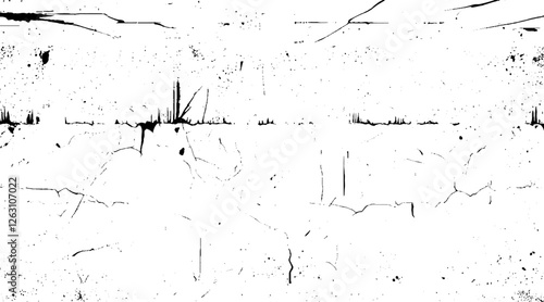 Grunge black and white pattern. Monochrome particles abstract texture. Background of cracks, scuffs, chips, stains, ink spots, lines. Vector