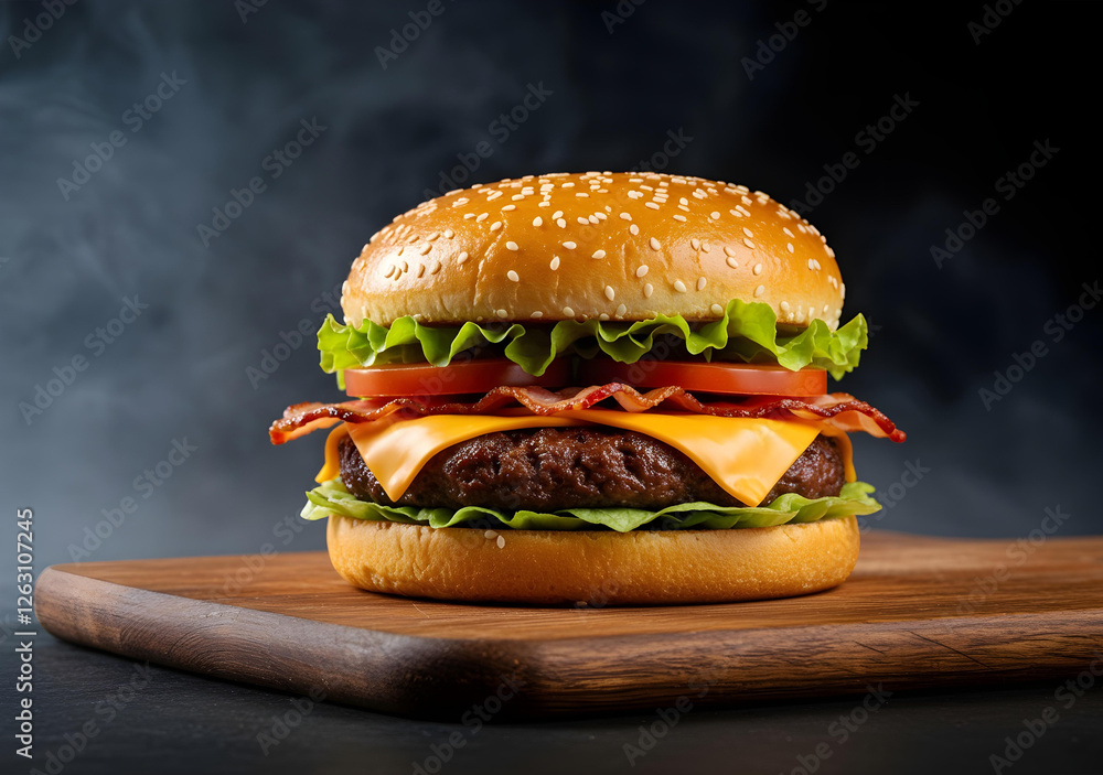 Gourmet cheeseburger on a black background. Juicy beef patty, melted cheddar, crispy bacon, fresh lettuce, tomato. Served on a wooden board with elegant lighting, soft smoke, moody and cinematic style