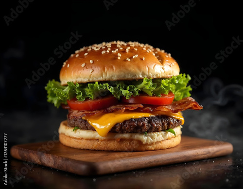 Gourmet cheeseburger on a black background. Juicy beef patty, melted cheddar, crispy bacon, fresh lettuce, tomato. Served on a wooden board with elegant lighting, soft smoke, moody and cinematic style