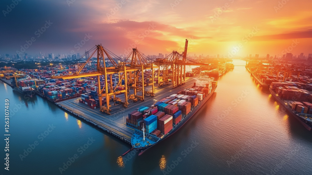 Fototapeta premium Container truck in ship port for business Logistics and transportation of Container Cargo ship and Cargo plane with working crane bridge in shipyard at sunrise, logistic import export and transport