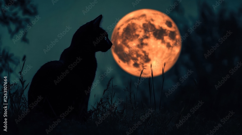 Fototapeta premium Black Cat Silhouetted Against a Full Moon on a Spooky Night