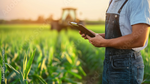 A confident man in overalls holds a clipboard in one hand, standing next to a tractor in a cornfield, the machinery slightly out of focus while he remains sharply in view. photo