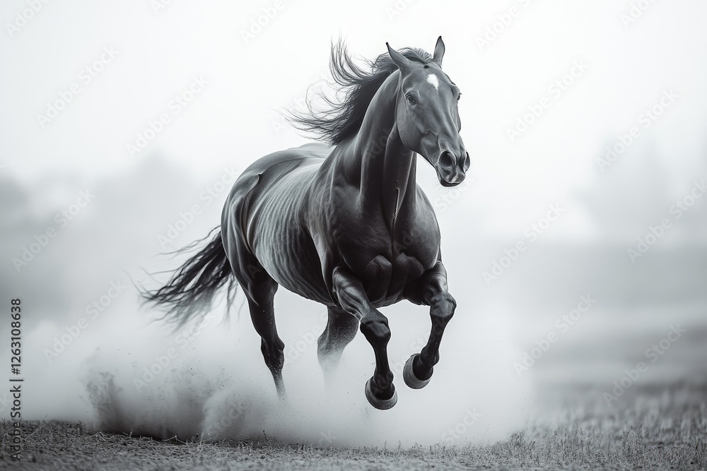Obraz premium A majestic and cinematic black and white photograph of a horse galloping through an open field, with its mane flowing and dust rising in the background, copy space background
