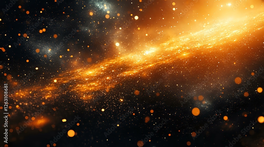 Obraz premium Glowing orange nebula with bright stars and cosmic dust particles floating in deep space against dark background creates mysterious galaxy atmosphere.