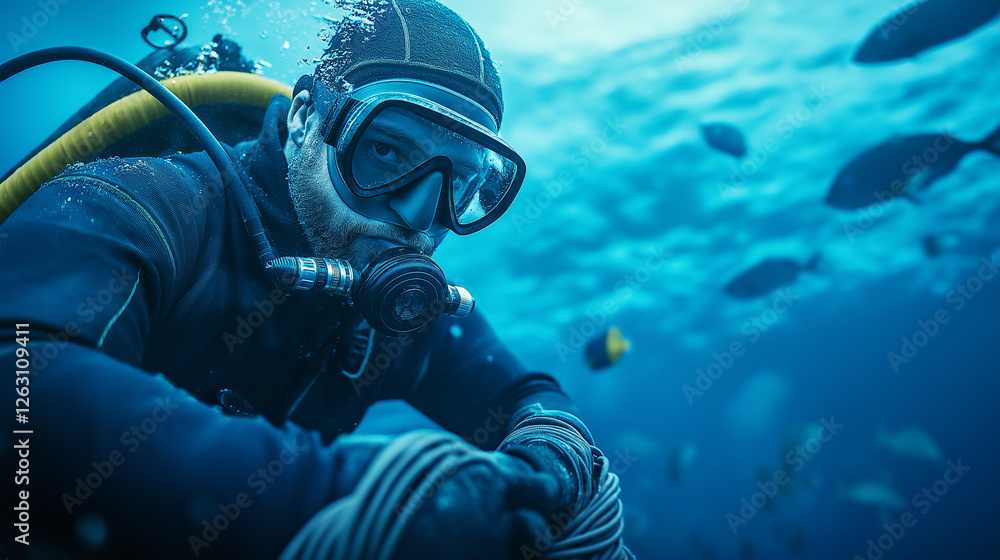 An oceanic engineer in a wetsuit and full-face diving mask examines a fiber-optic cable, his hands carefully adjusting the protective coating while fish pass in the background. An oceanic engineer in a wetsuit and full-face diving mask examines a fiber-optic cable, his hands carefully adjusting the protective coating while fish pass in the background.