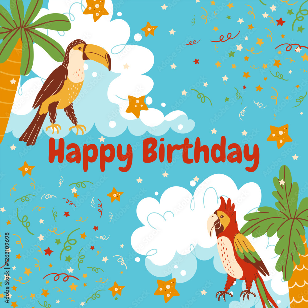 Naklejka premium Birthday card with tropical palm trees, birds