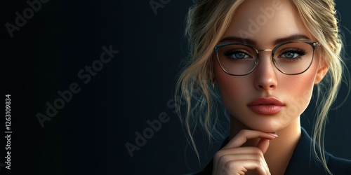 Young woman with stylish glasses and thoughtful expression in a dark background setting photo