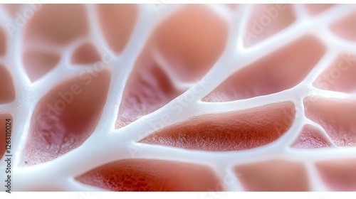 Microscopic view of organic cell structure in pink and white tones showing intricate membrane patterns and biological tissue formations at macro scale. photo