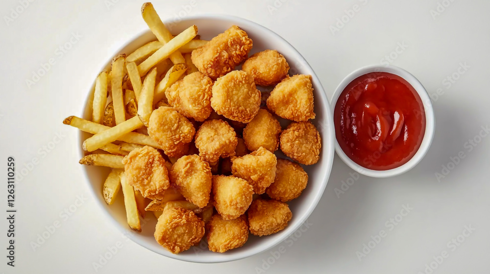 High-quality top-down view of golden crispy chicken nuggets and perfectly cooked fries High-quality top-down view of golden crispy chicken nuggets and perfectly cooked fries