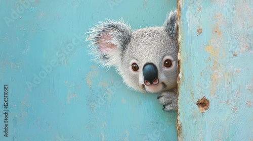 Adorable Koala Peeking From Behind Weathered Turquoise Metal