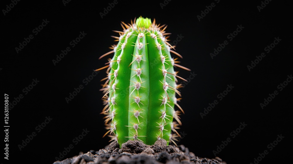 Young cactus growing in dark soil, isolated on black background Young cactus growing in dark soil, isolated on black background