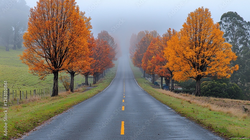 Autumnal road, misty hills, colorful trees, scenic drive, travel poster Autumnal road, misty hills, colorful trees, scenic drive, travel poster