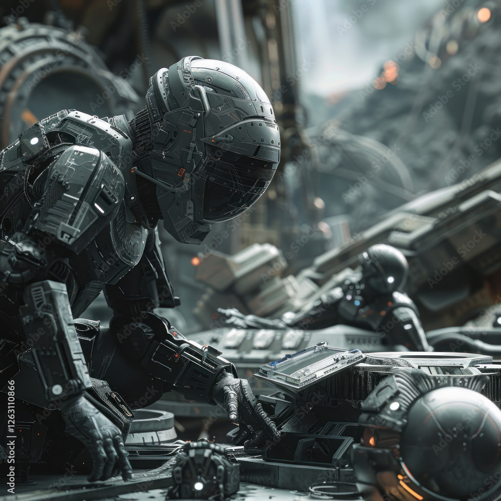 Fototapeta premium high-tech robots or cybernetic soldiers working in an industrial or post-apocalyptic environment. 