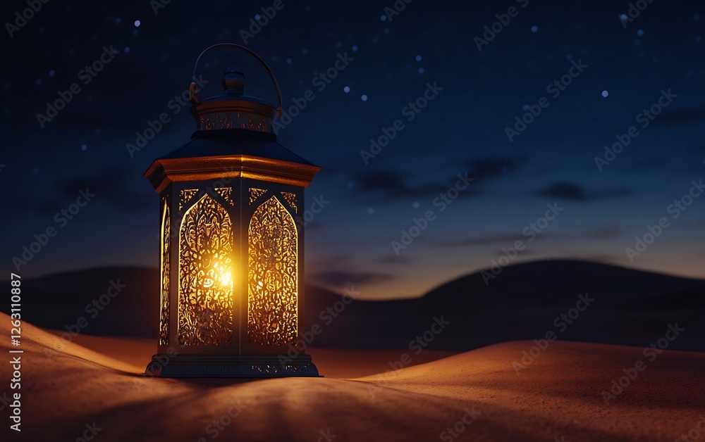 Ramadan Lantern Glowing in Desert at Night Under Starry Sky Symbolizing Faith and Celebration Ramadan Lantern Glowing in Desert at Night Under Starry Sky Symbolizing Faith and Celebration