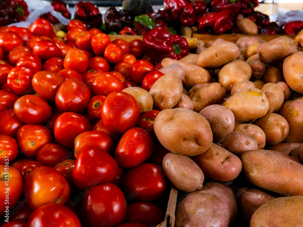 Tomates, batatas e pimentões na feira do mercado